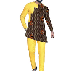 Men’s Bright African Patchwork Outfit – Yellow Pants with Tailored Top, Nigerian Wedding Attire