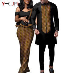 African Wedding Couple Set – Women’s Dashiki Print Dress & Men’s Kaftan Top and Pant Outfit - Free Delivery Worldwide only at Flexi Africa