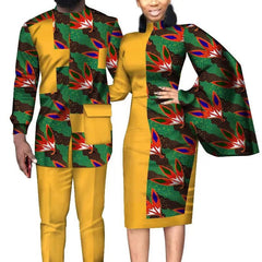 African Wedding Matching Outfit – Slim Women’s Dress and Men’s Patchwork Shirt with Pants - Free Delivery Worldwide only at Flexi Africa