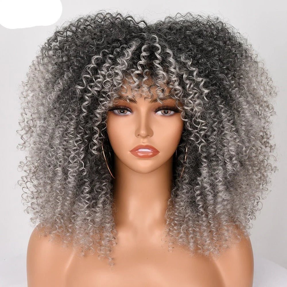 16" Short Kinky Curly Wig with Bangs Natural Synthetic Afro Hair Black Women - Free Delivery Worldwide only at Flexi Africa