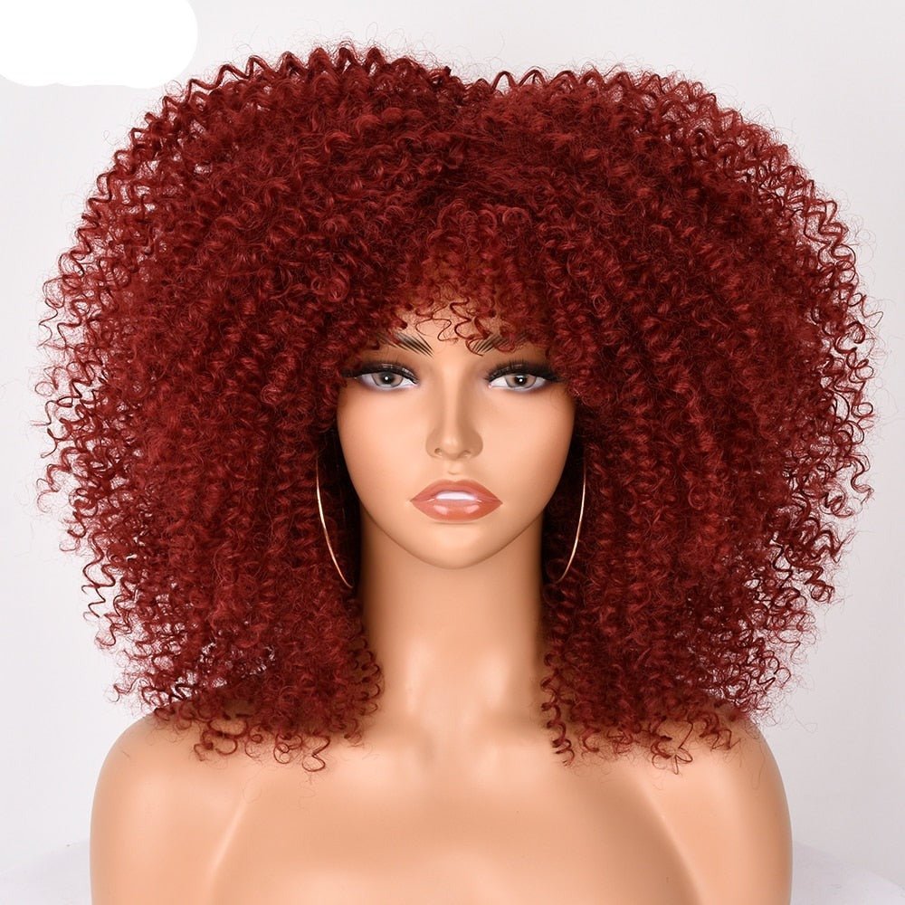 16" Short Kinky Curly Wig with Bangs Natural Synthetic Afro Hair Black Women - Free Delivery Worldwide only at Flexi Africa