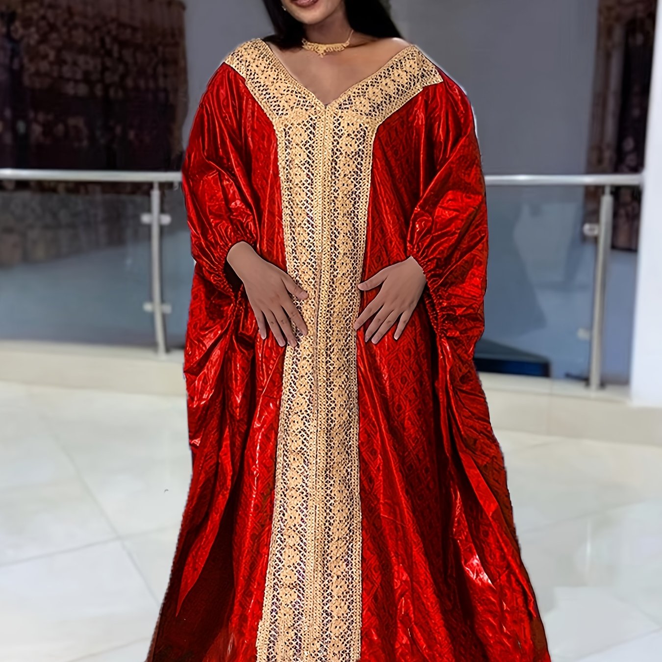 Nigerian Ankara Wedding Dress – Red Embroidery Bazin Riche Robe for African Women