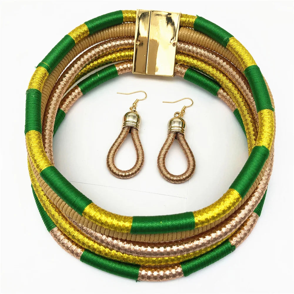 Colorful Rope Weave African Necklaces: Multilayer Tribal Choker Earrings Set - Flexi Africa Free Delivery www.flexiafrica.com