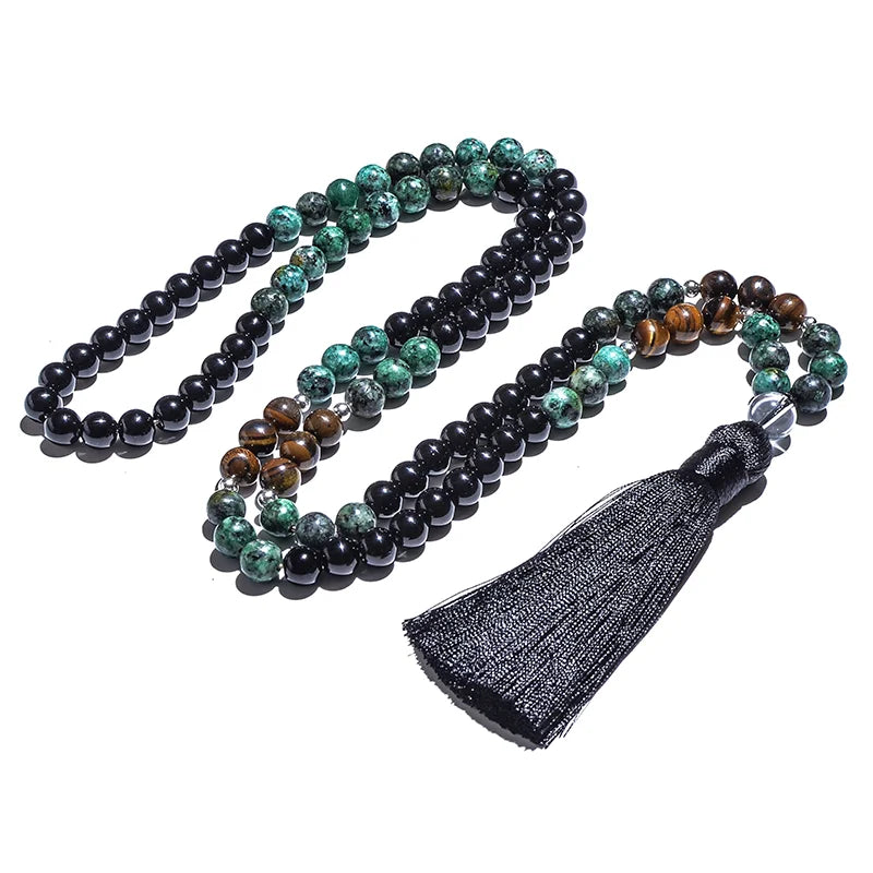 8mm African Turquoise Black Agate Yellow Tiger Eye Beads Japamala Necklace Bracelet Set Meditation Yoga Jewelry 108 Mala Rosary