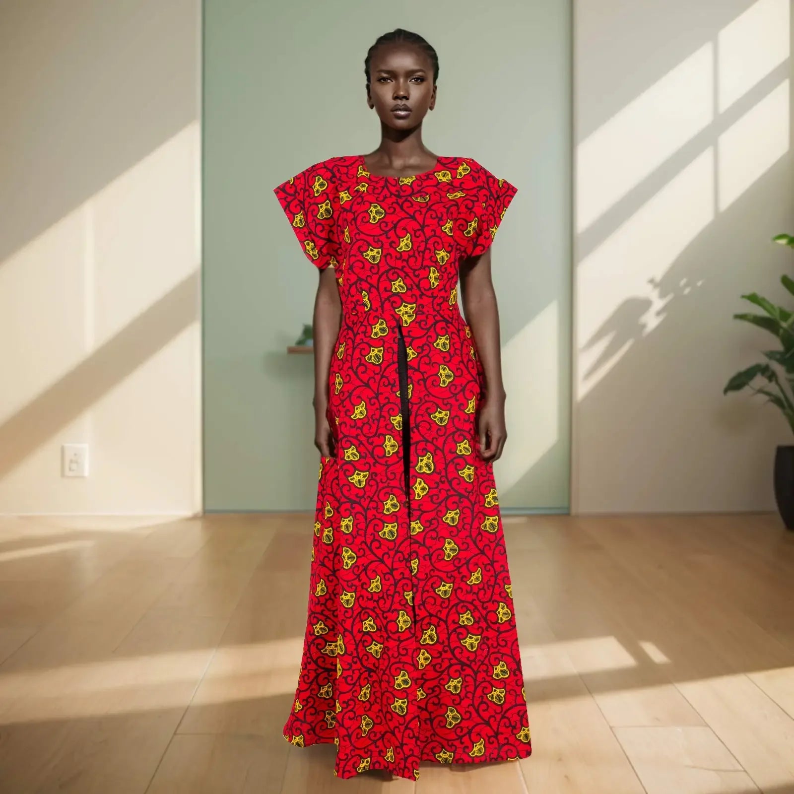 Model wearing a red dress with yellow patterns in a bright room.