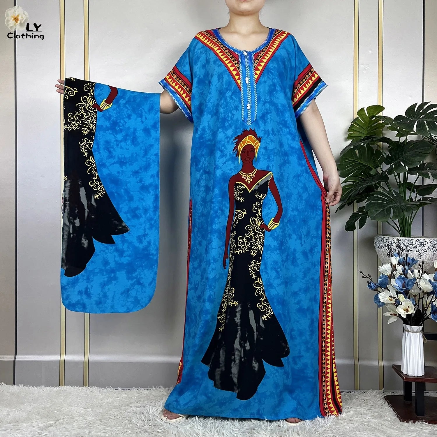 Elegant African Style Cotton Abaya Dress for Women with Patterned Print - Loose Fit Short Sleeve Muslim Rob