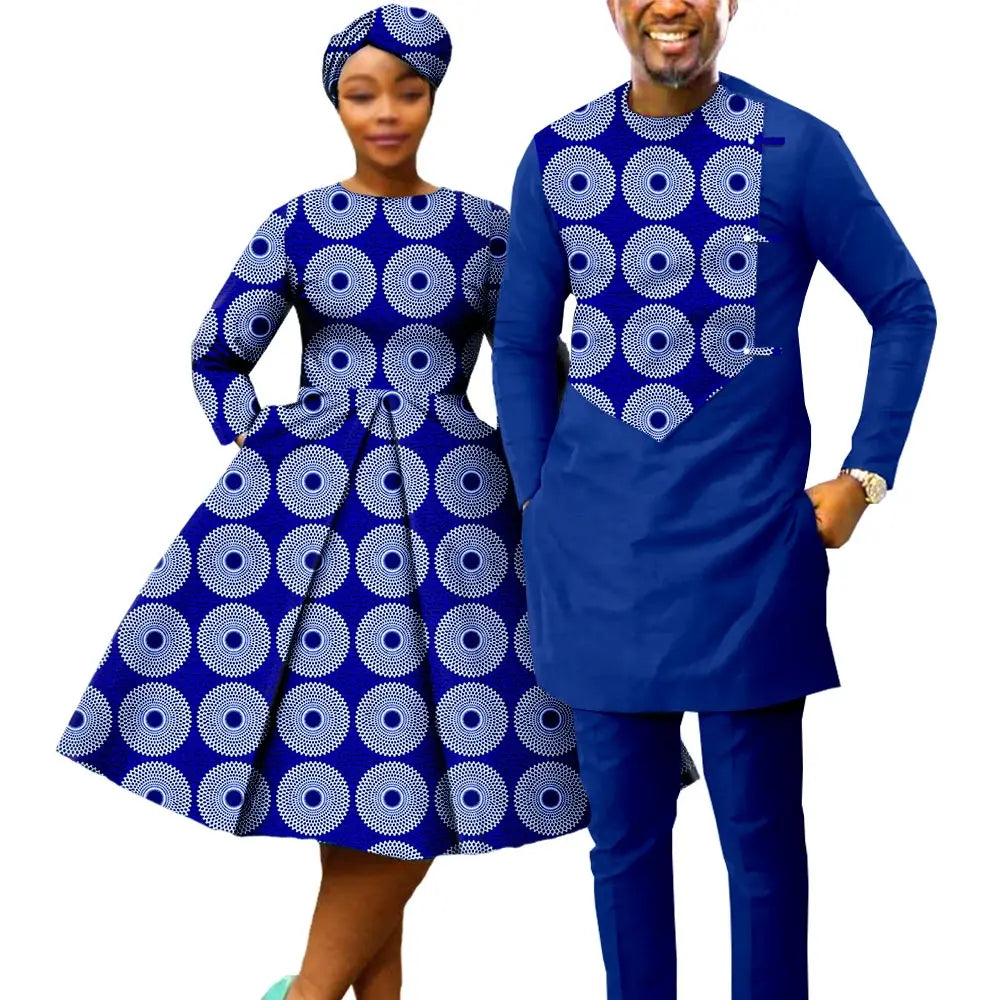 African Print Couples Clothing – Women’s Dress with Headwrap and Men’s Patchwork Top and Pants
