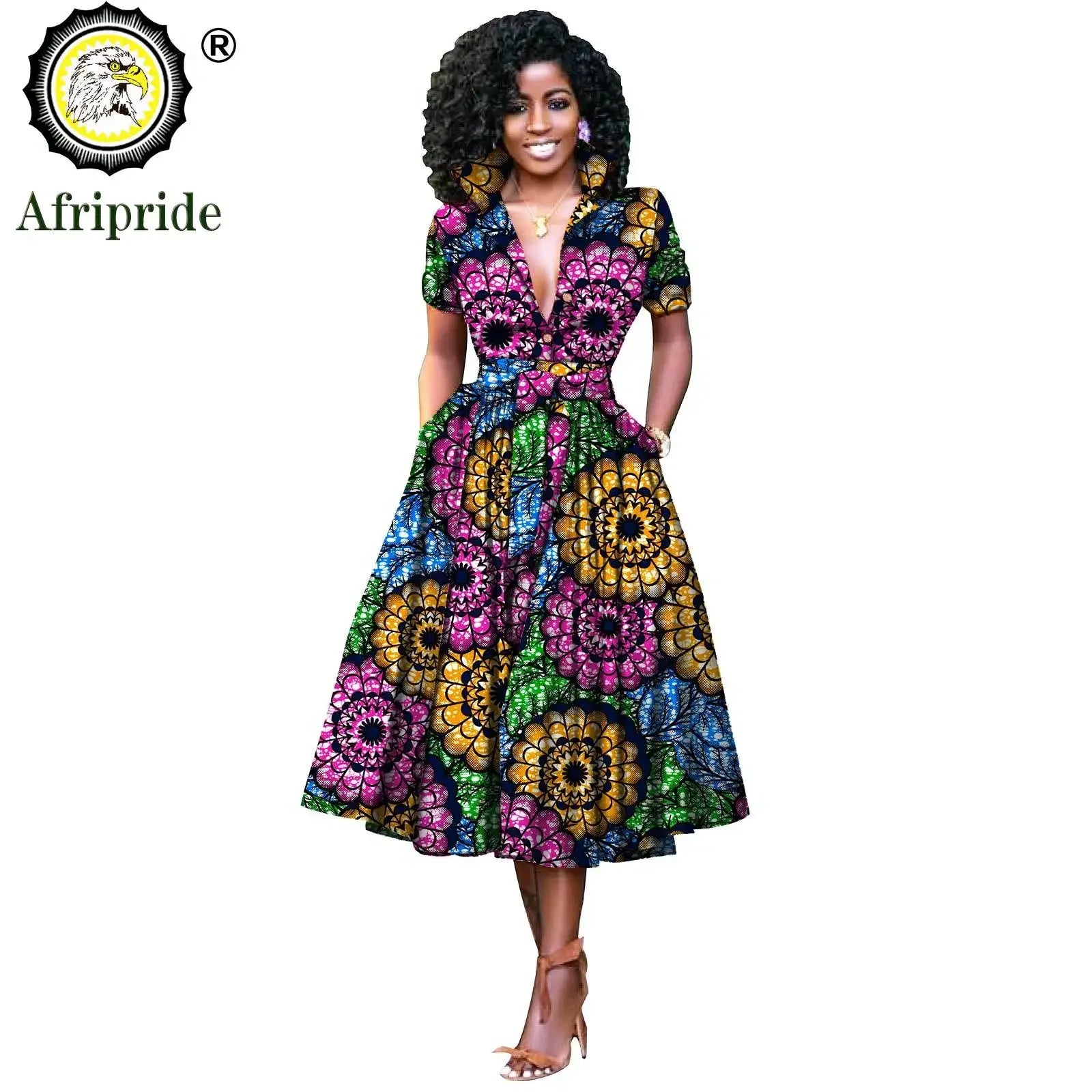 African Women’s Dress – Elegant V-Neck Short Sleeve High-Waist Formal Dress