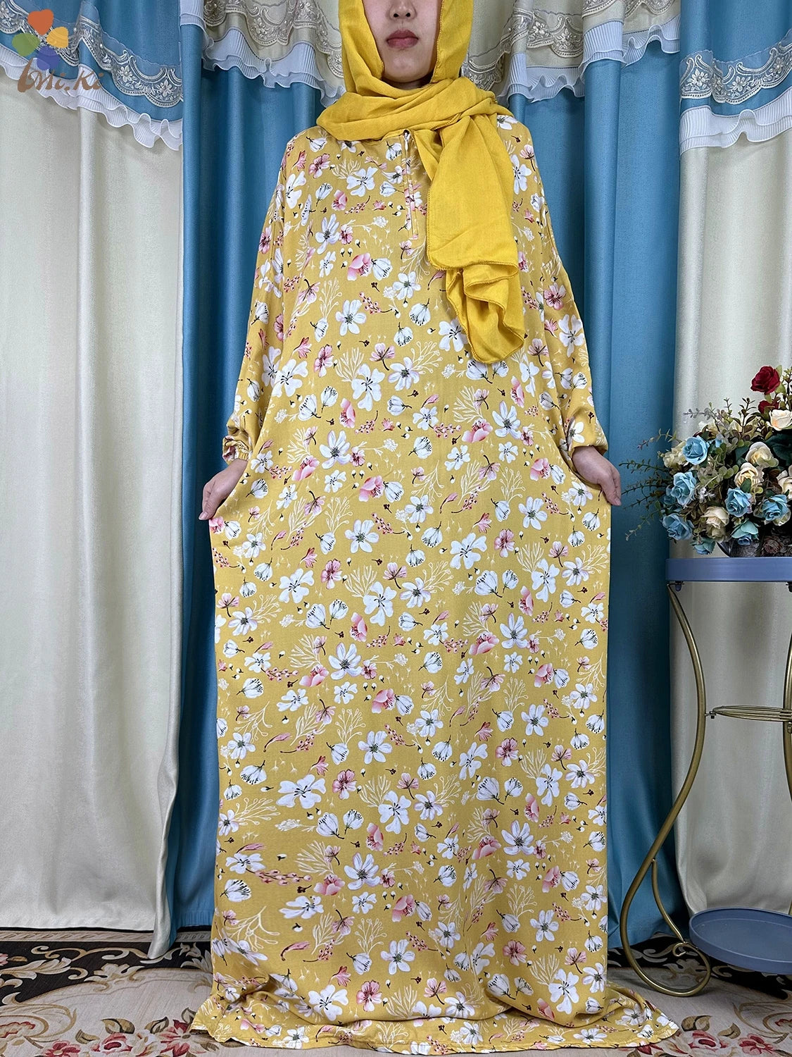 Floral Elegance: New African Abaya Dress with Turban Joint - Loose-Fit Muslim Rayon - Flexi Africa - www.flexiafrica.com