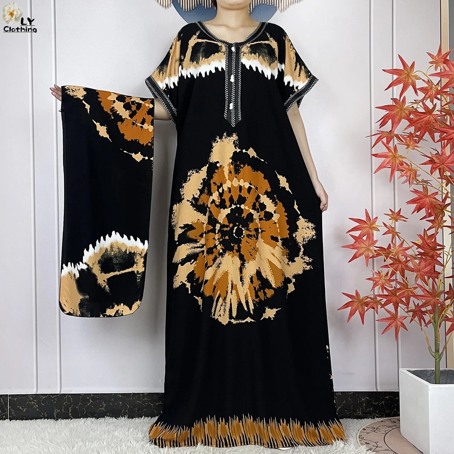 Elegant African Style Cotton Abaya Dress for Women with Patterned Print - Loose Fit Short Sleeve Muslim Rob