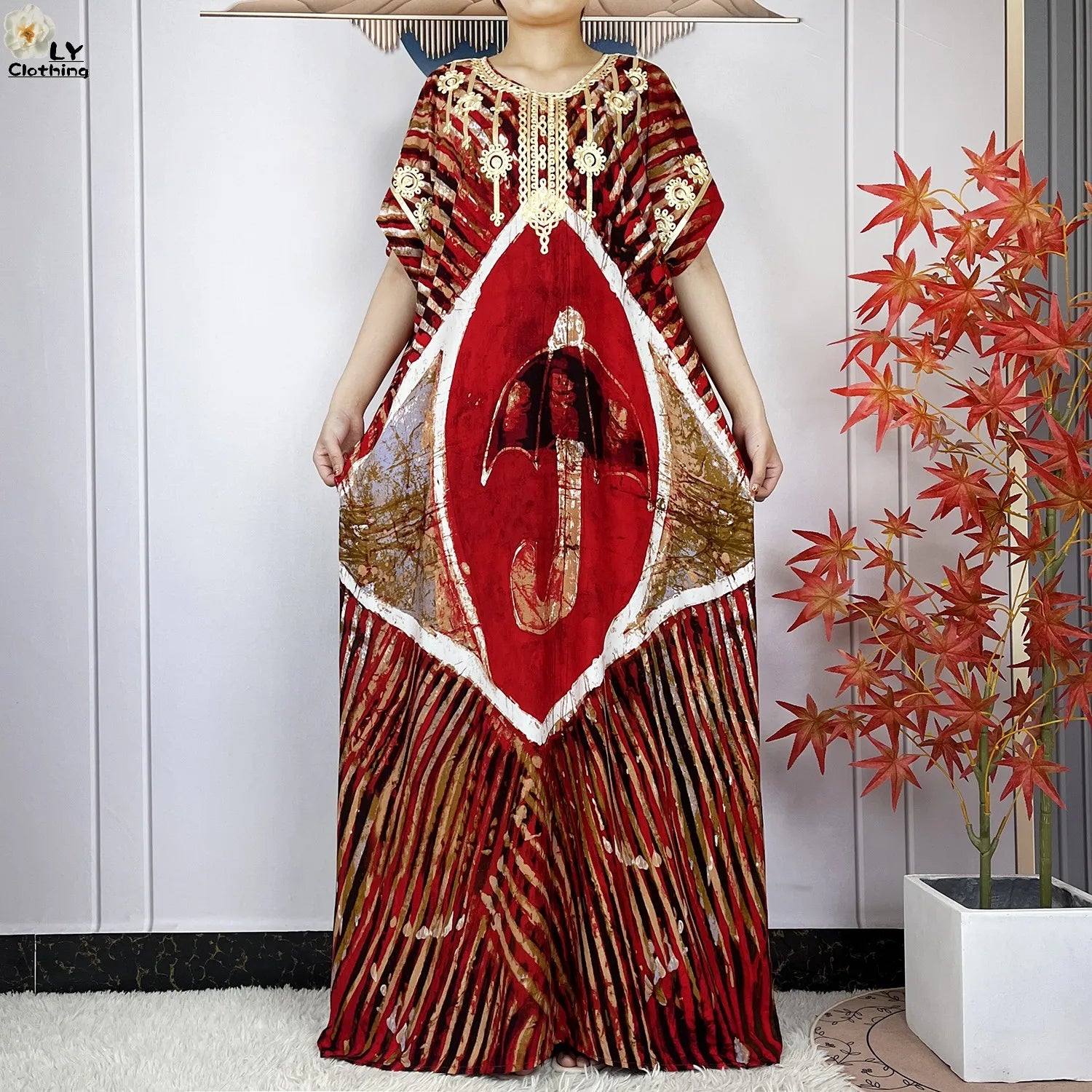 Elegant African Style Cotton Abaya Dress for Women with Patterned Print - Loose Fit Short Sleeve Muslim Rob