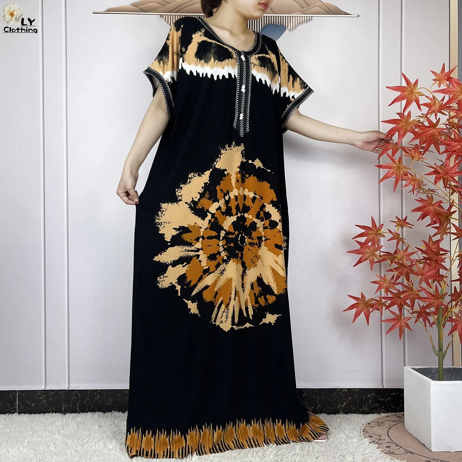 Elegant African Style Cotton Abaya Dress for Women with Patterned Print - Loose Fit Short Sleeve Muslim Rob