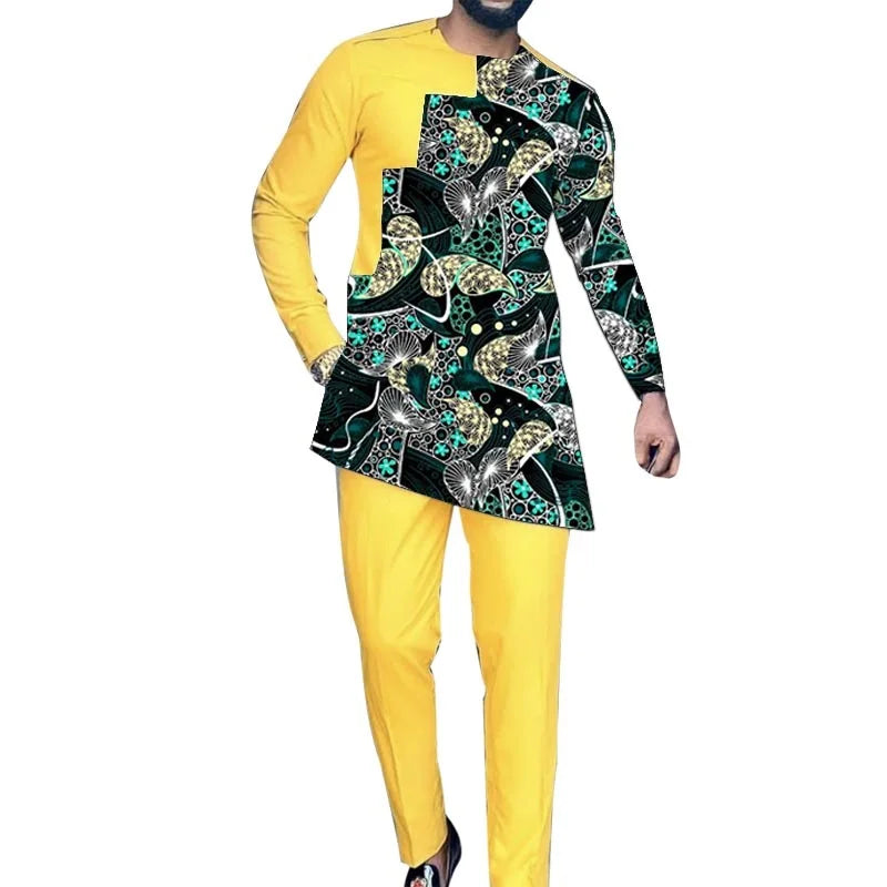 Men’s Bright African Patchwork Outfit – Yellow Pants with Tailored Top, Nigerian Wedding Attire