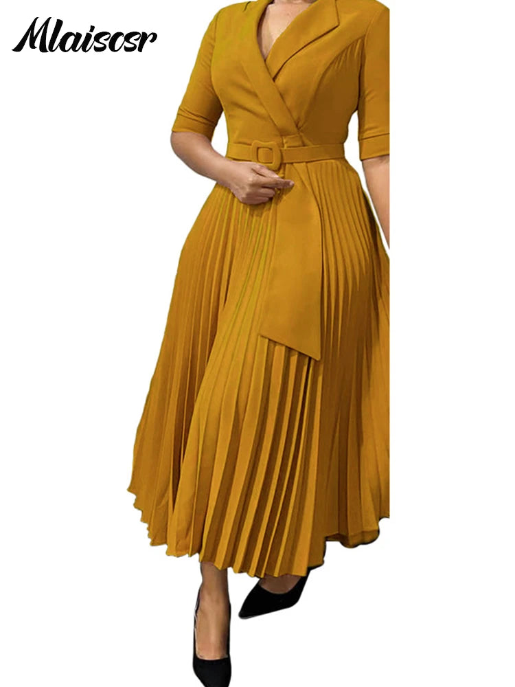 African Pleated A-Line Dress for Women – V-Neck High-Waist Office Dress with Belt