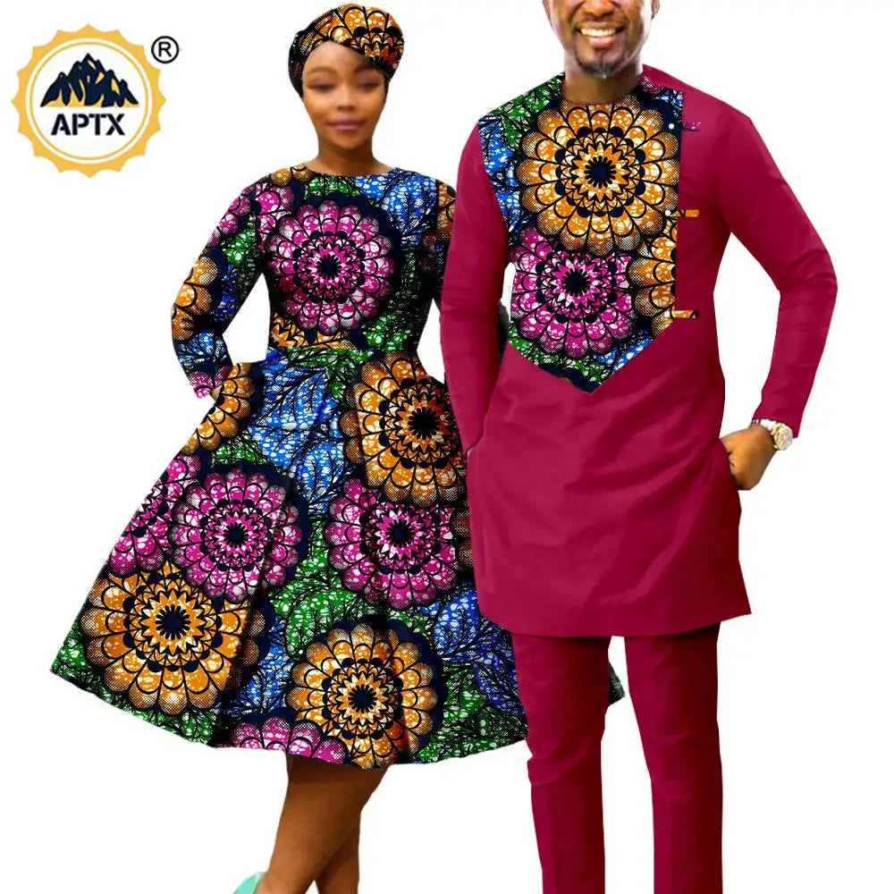 African Print Couples Clothing – Women’s Dress with Headwrap and Men’s Patchwork Top and Pants - Free Delivery Worldwide
