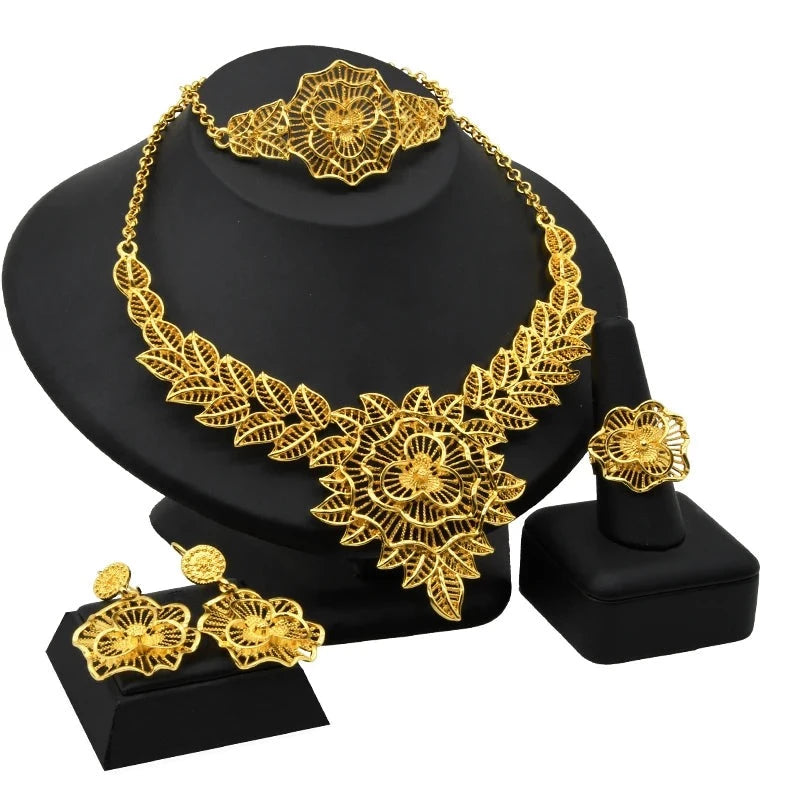 Gold-Plated Jewelry Set: Exquisite 24K Gold-Colored Necklace and Earrings for African Bridal Wear at Nigerian Wedding