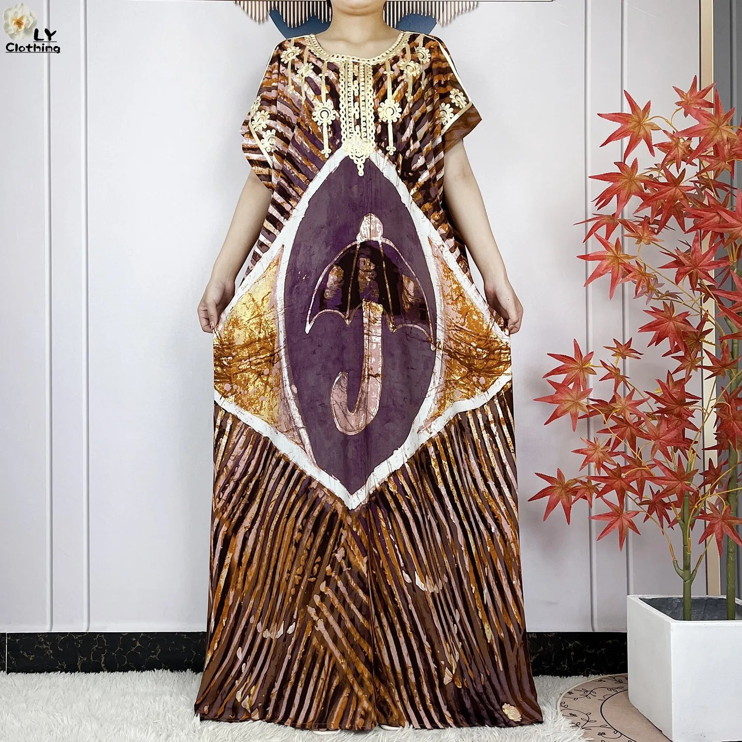 Elegant African Style Cotton Abaya Dress for Women with Patterned Print - Loose Fit Short Sleeve Muslim Rob