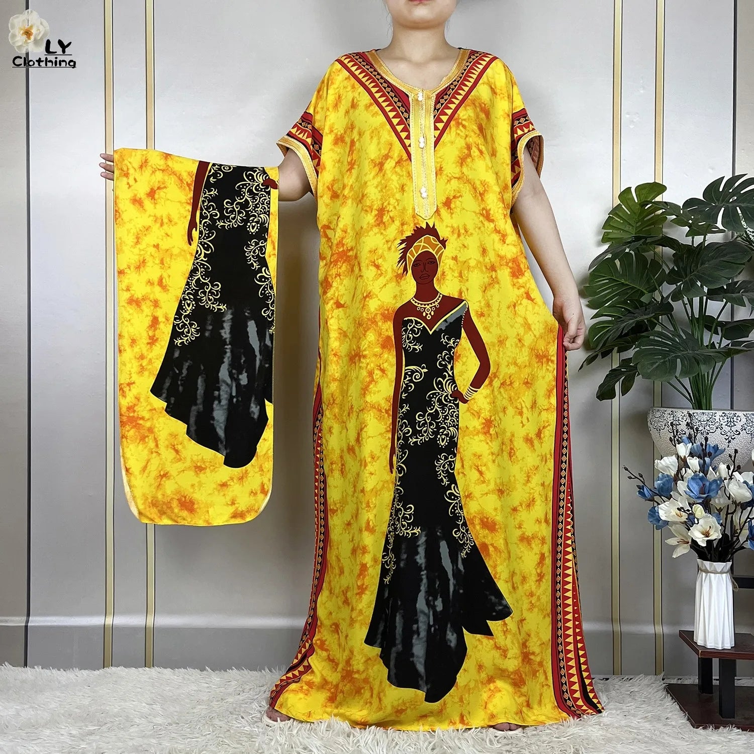 Elegant African Style Cotton Abaya Dress for Women with Patterned Print - Loose Fit Short Sleeve Muslim Rob