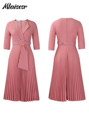 African Pleated A-Line Dress for Women – V-Neck High-Waist Office Dress with Belt