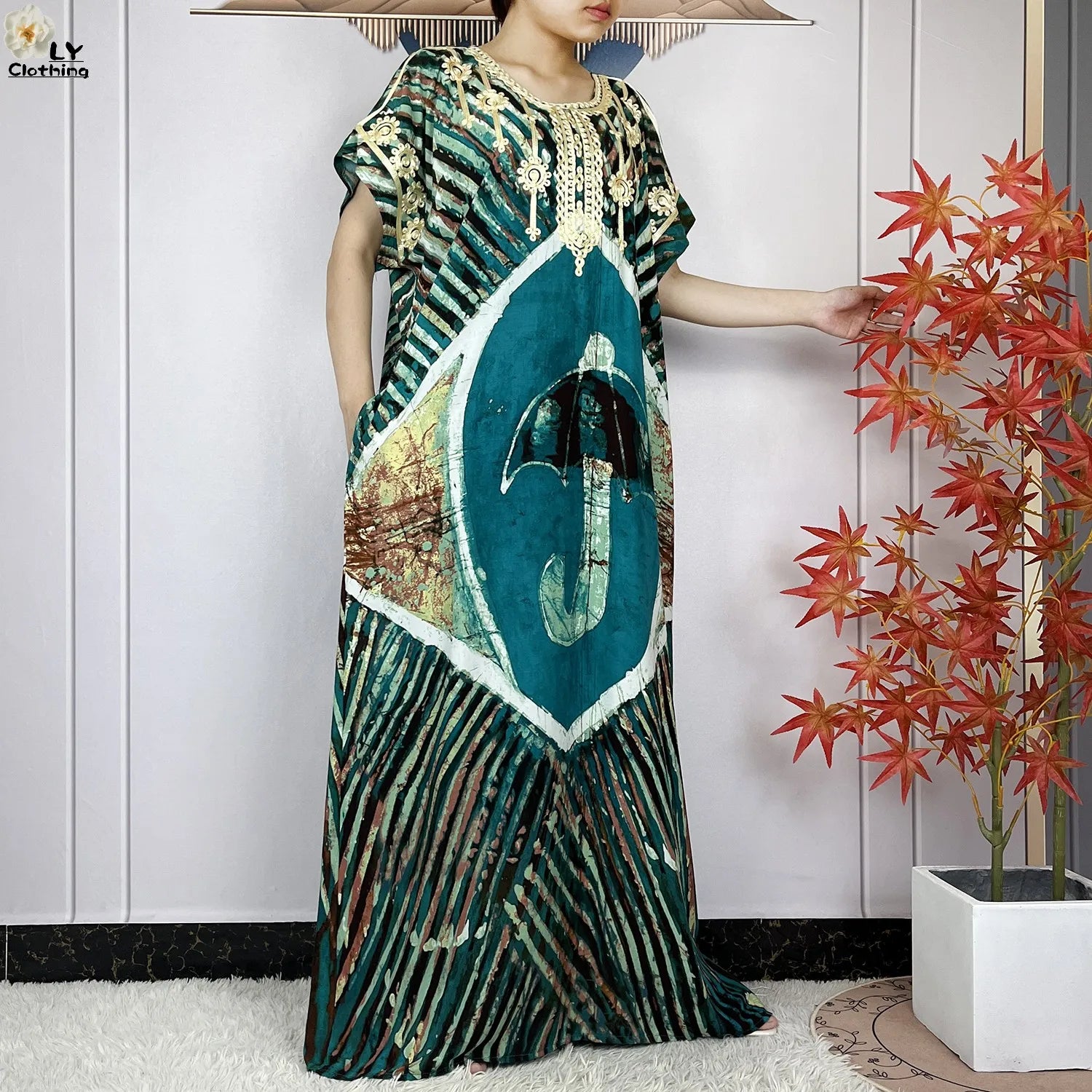 Elegant African Style Cotton Abaya Dress for Women with Patterned Print - Loose Fit Short Sleeve Muslim Rob