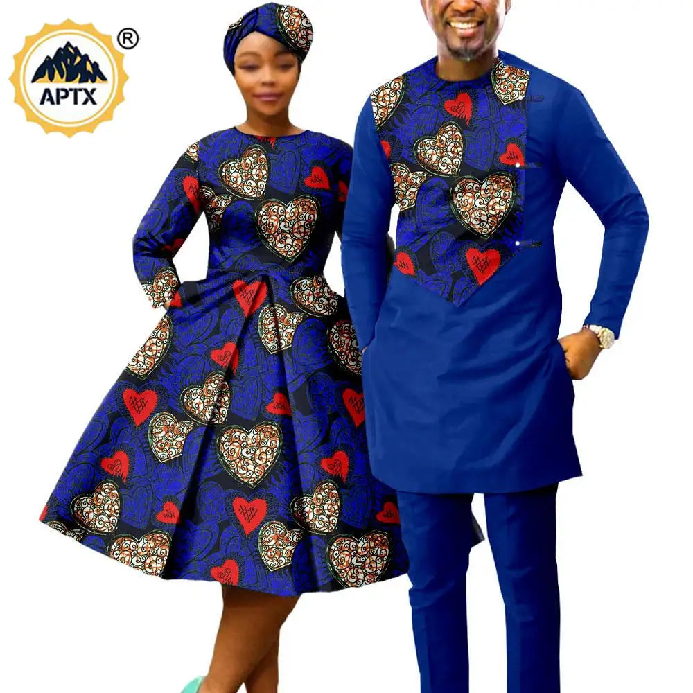 African Print Couples Clothing – Women’s Dress with Headwrap and Men’s Patchwork Top and Pants - Free Delivery Worldwide
