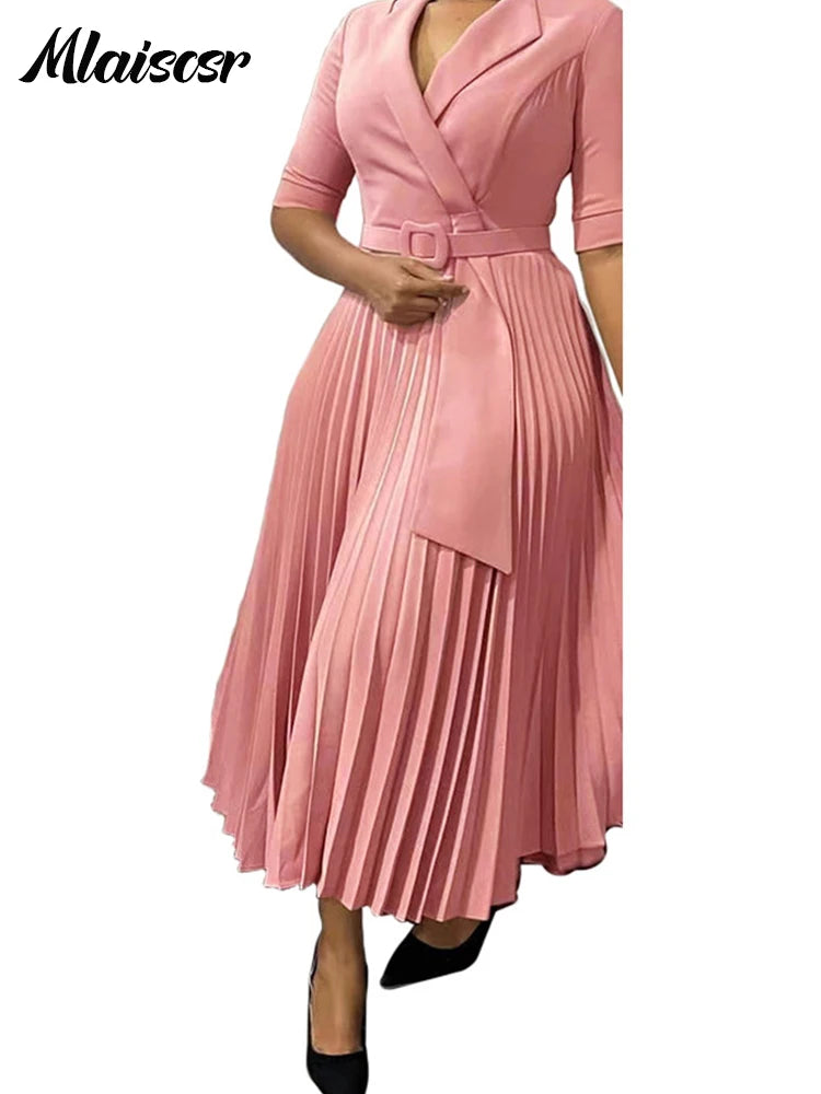 African Pleated A-Line Dress for Women – V-Neck High-Waist Office Dress with Belt