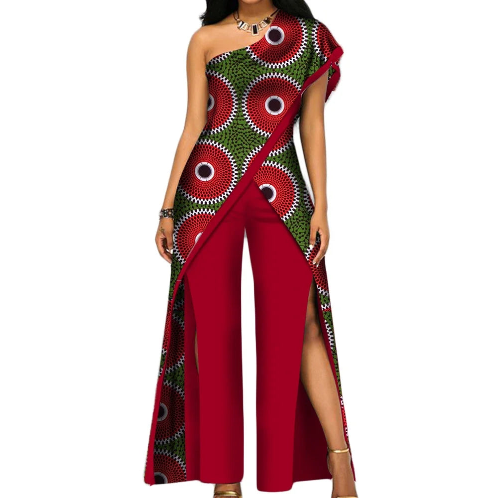2PC African Women’s Ankara Pant Set – Stylish Off-Shoulder Top and Trousers