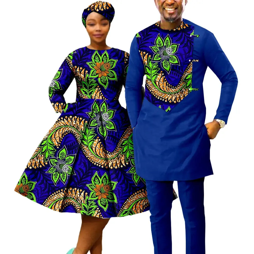 African Print Couples Clothing – Women’s Dress with Headwrap and Men’s Patchwork Top and Pants - Free Delivery Worldwide