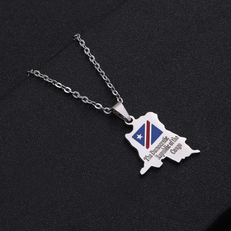 Africa Democratic Republic of Congo Map Pendant Necklace Stainless Steel Unisex Congolese Ethnic - Free Delivery Worldwide