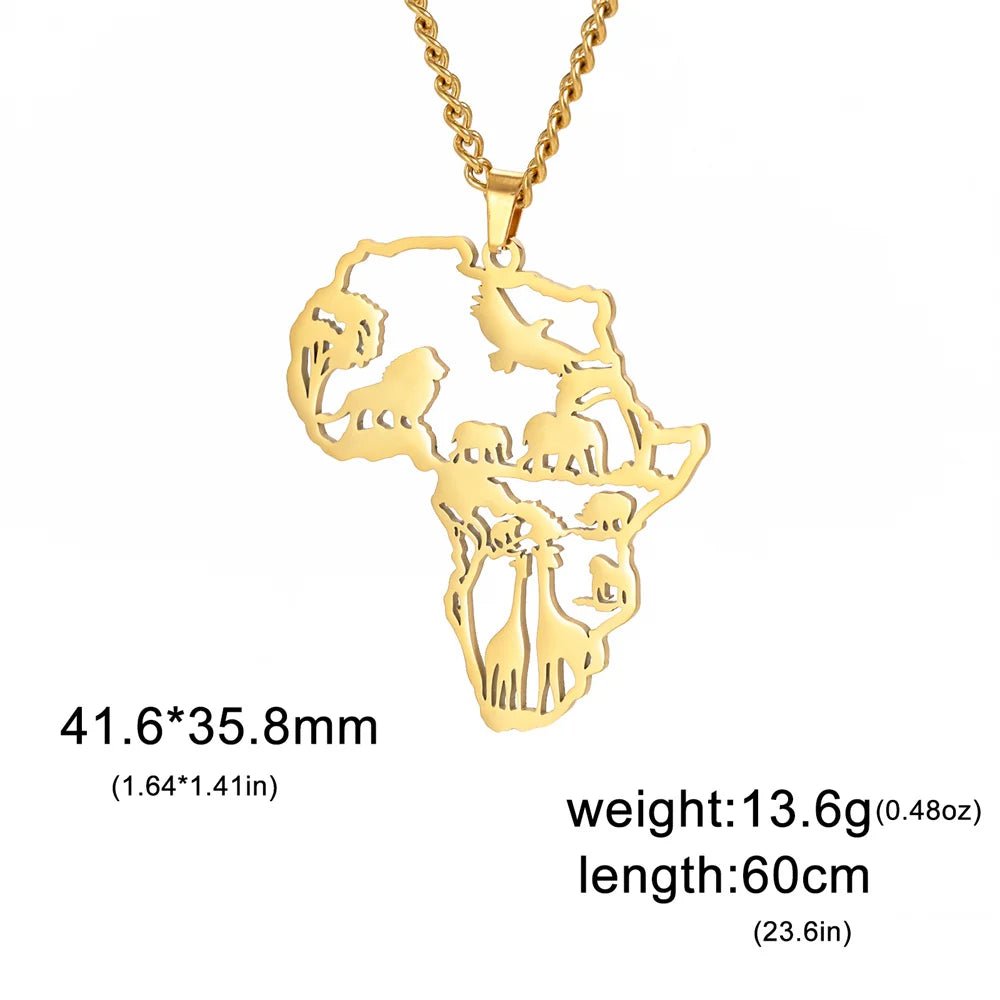 Africa Map Lion Elephant Monkey Giraffe Pendant Necklaces Stainless Steel Animal Chain Choker African Jewelry - Flexi Africa