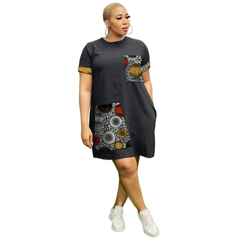 African Ankara Couture Black Dress for Women – O - Neck Short Sleeve Design - Free Delivery Worldwide only at Flexi Africa