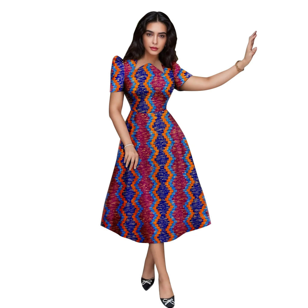 Buy African Print Collar Mid-Calf Dress – Short Sleeve Elegant Party & Casual Wear for only $56.54 at Flexi Africa!