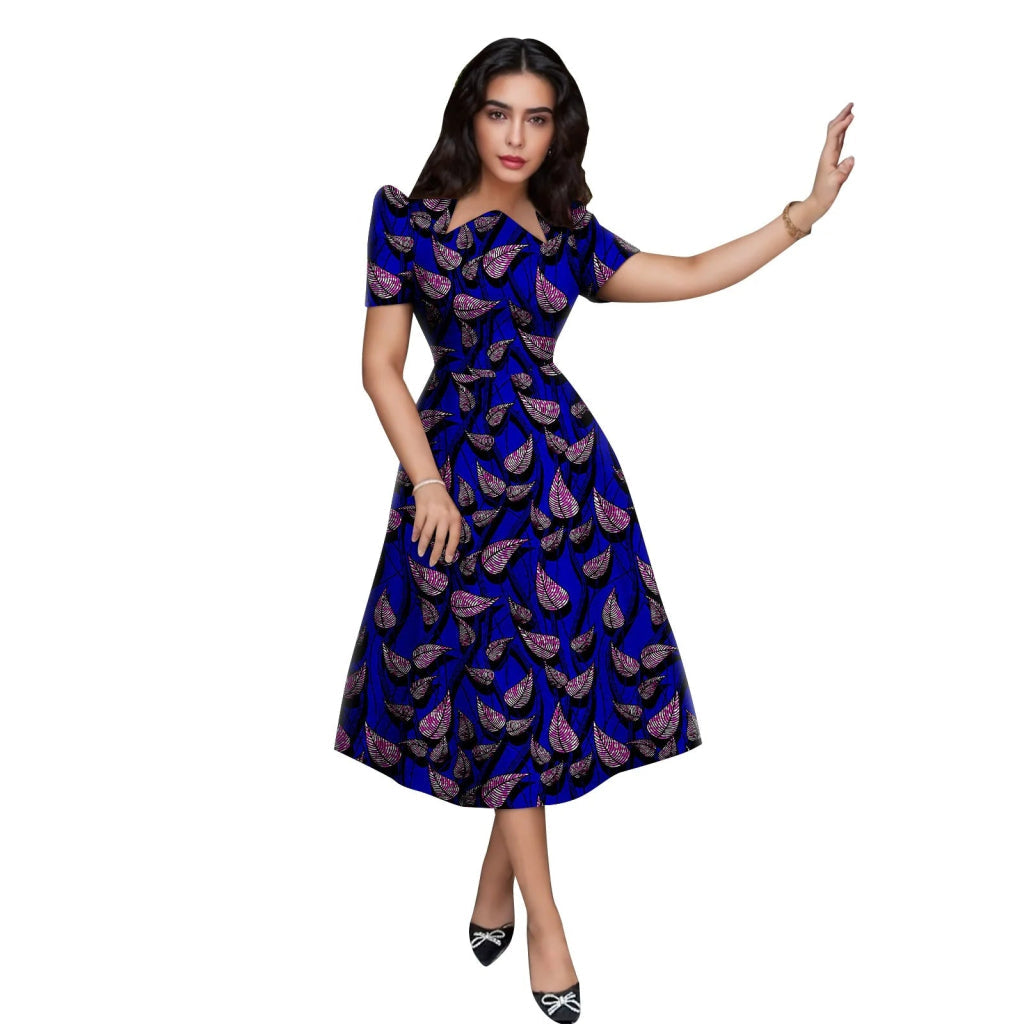 Buy African Print Collar Mid-Calf Dress – Short Sleeve Elegant Party & Casual Wear for only $56.54 at Flexi Africa!