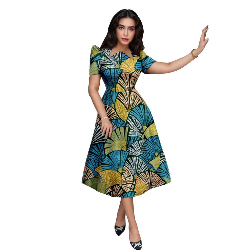 Buy African Print Collar Mid-Calf Dress – Short Sleeve Elegant Party & Casual Wear for only $56.54 at Flexi Africa!