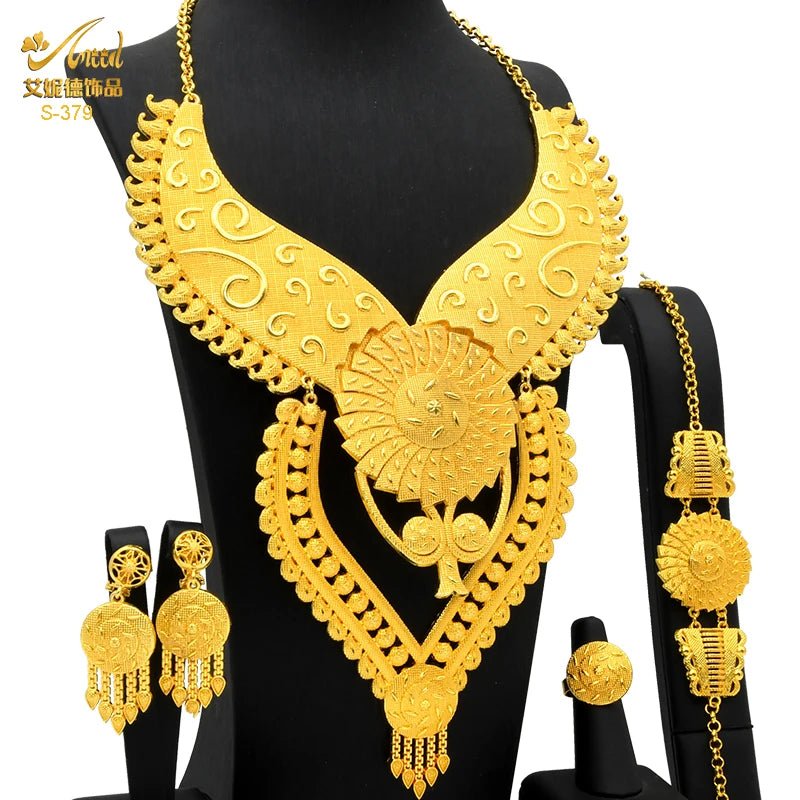 African Bridal Wedding Party Jewelry Set: Gold-Colored Necklace, Earrings, and Big Pendant Ensemble - Flexi Africa FREE POST