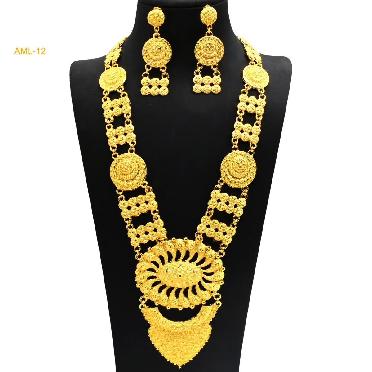 African Bridal Wedding Party Jewelry Set: Gold-Colored Necklace, Earrings, and Big Pendant Ensemble - Flexi Africa FREE POST