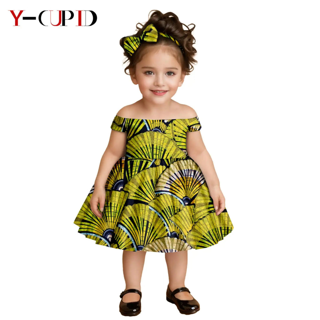 African Clothes for Kids Girls – Ankara Print Slash Neck Party Dress with Bow Headband - Free Delivery Worldwide only at Flexi Africa