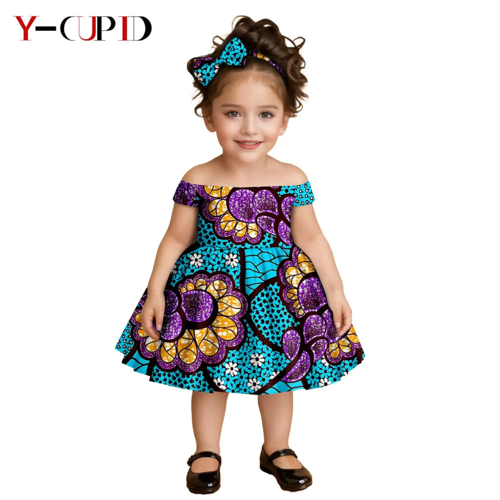 African Clothes for Kids Girls – Ankara Print Slash Neck Party Dress with Bow Headband - Free Delivery Worldwide only at Flexi Africa