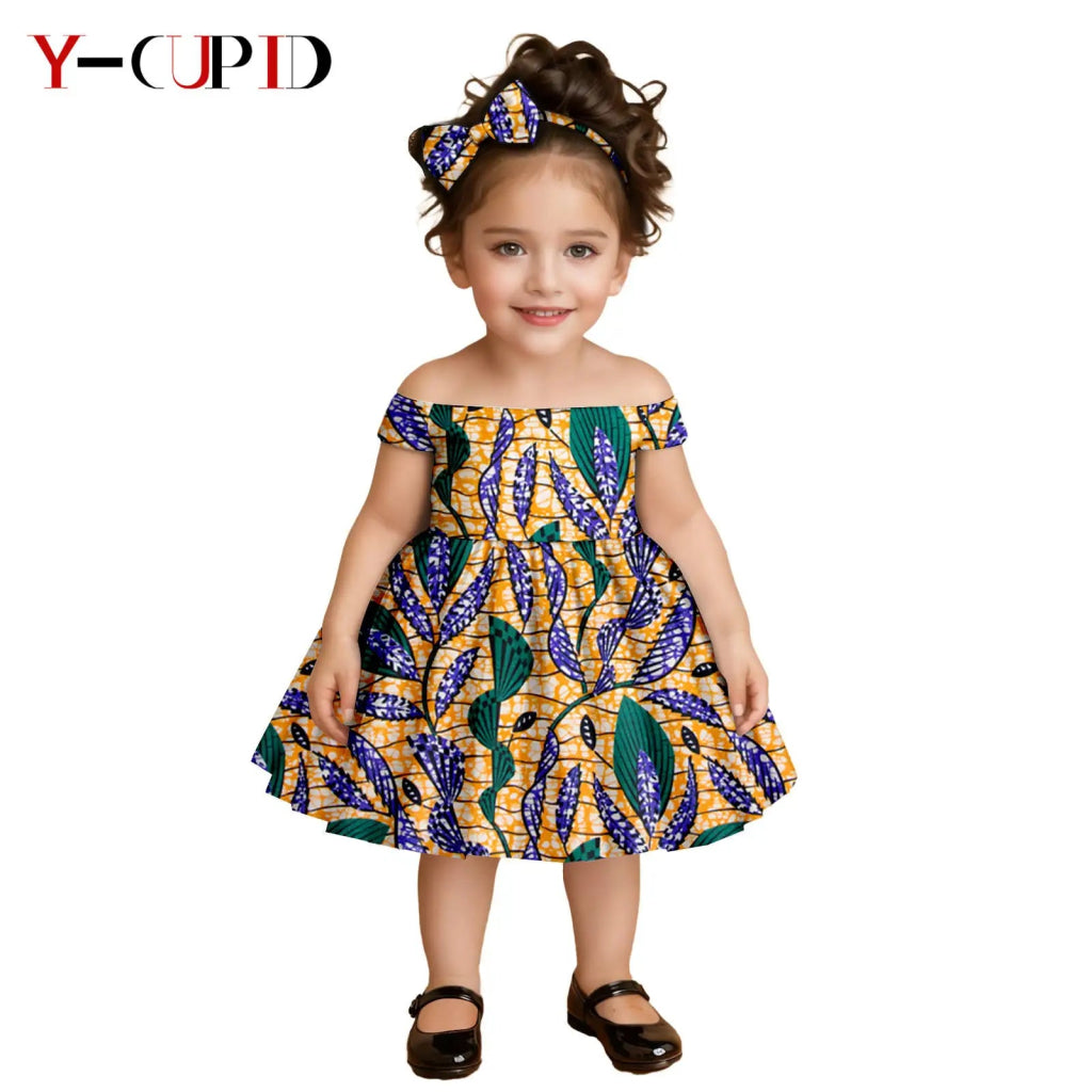 African Clothes for Kids Girls – Ankara Print Slash Neck Party Dress with Bow Headband - Free Delivery Worldwide only at Flexi Africa