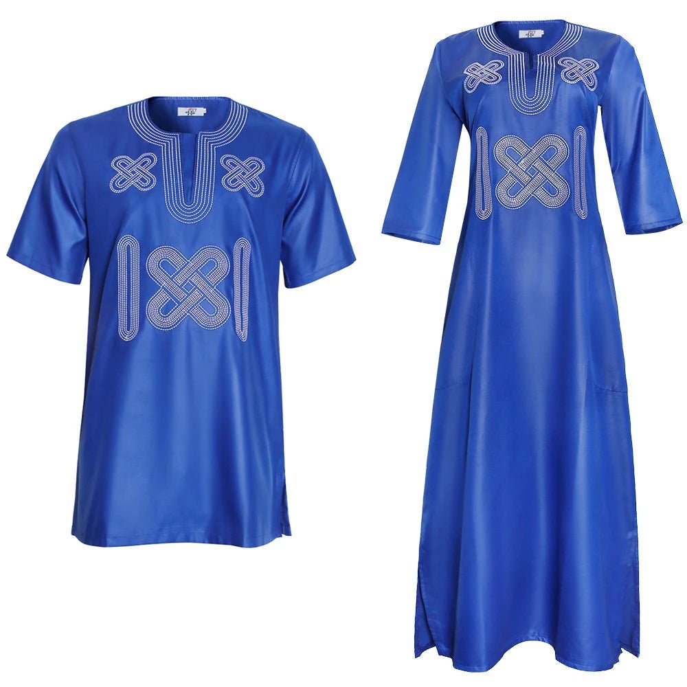 African Couple Outfit Set – Men’s Dashiki Embroidered Shirt & Women’s Ankara Short Sleeve Dress - Free Delivery Worldwide only at Flexi Africa