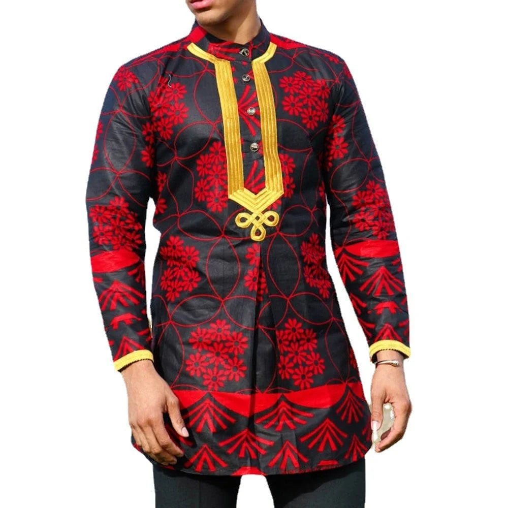 African Dashiki Dress Shirt: Red Floral Print Men's Fashion for Hip Hop with Traditional Vibes - Free Delivery Worldwide