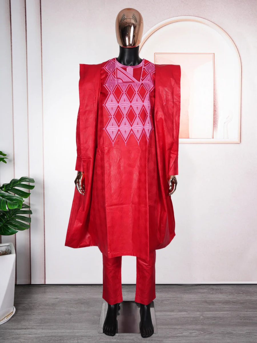 African Dashiki Suit – Traditional Embroidered Red Top and Pants Sets - Free Delivery Worldwide only at Flexi Africa