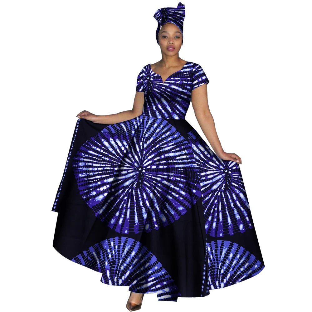 African Dashiki Women’s Maxi Dress – Ankara Print V - Neck Long Dress with Head Scarf - Free Delivery Worldwide only at Flexi Africa