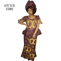 African Dress For Women Bazin Riche Embroidery Design Top Wrapper With Scarf - Free Delivery Worldwide only at Flexi Africa