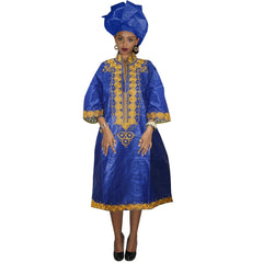 African Dresses For Woman Baizn Riche Embroidery Middle Dress With Scarf - Free Delivery Worldwide only at Flexi Africa