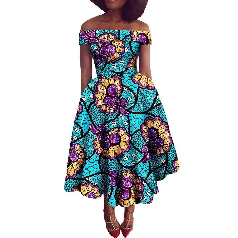African Dresses for Women, Ankara Print Off Shoulder Traditional African Clothing Strapless Dress Ankara Attire
