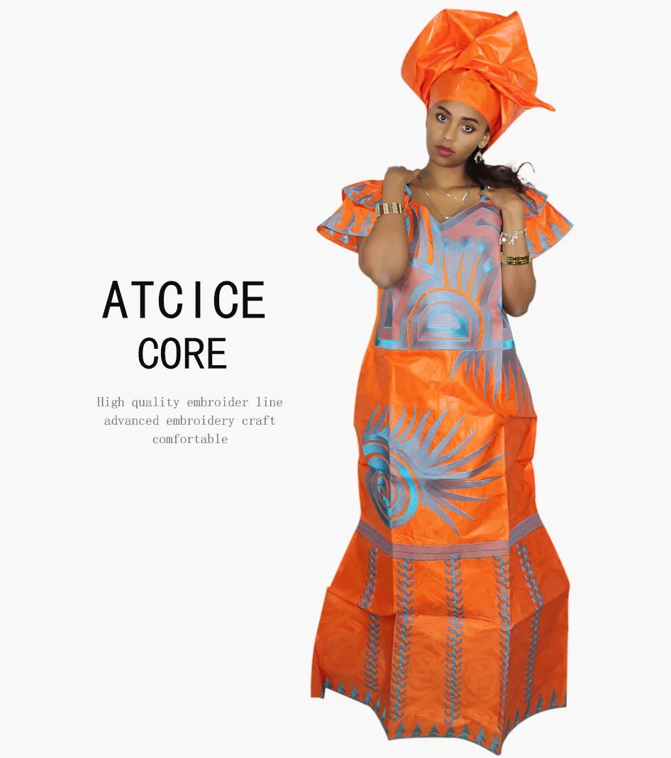 African Dresses for Women – Fashionable Long Dress with Embroidery Design & Matching Scarf - Free Delivery Worldwide only at Flexi Africa