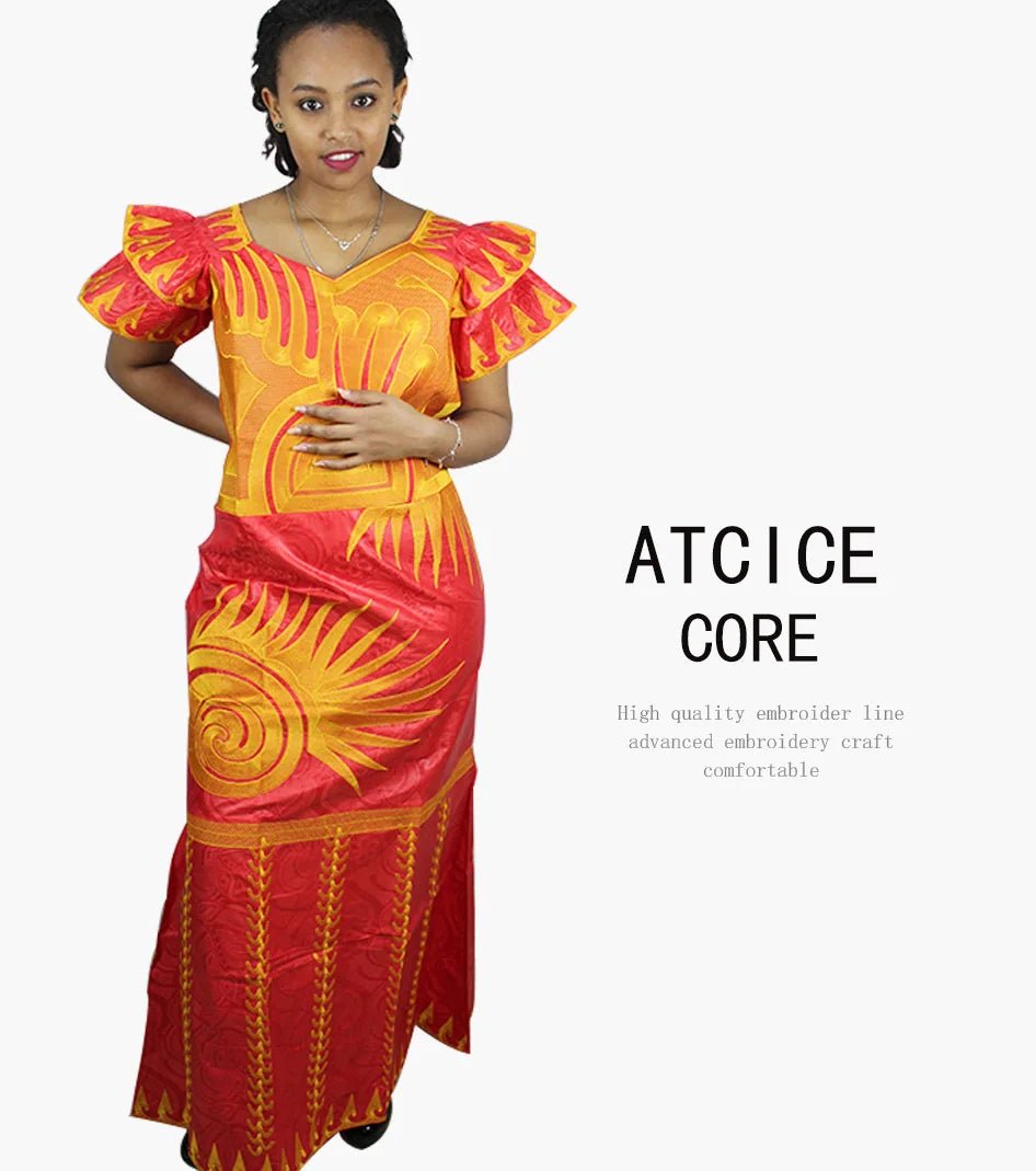 African Dresses for Women – Fashionable Long Dress with Embroidery Design & Matching Scarf - Free Delivery Worldwide only at Flexi Africa