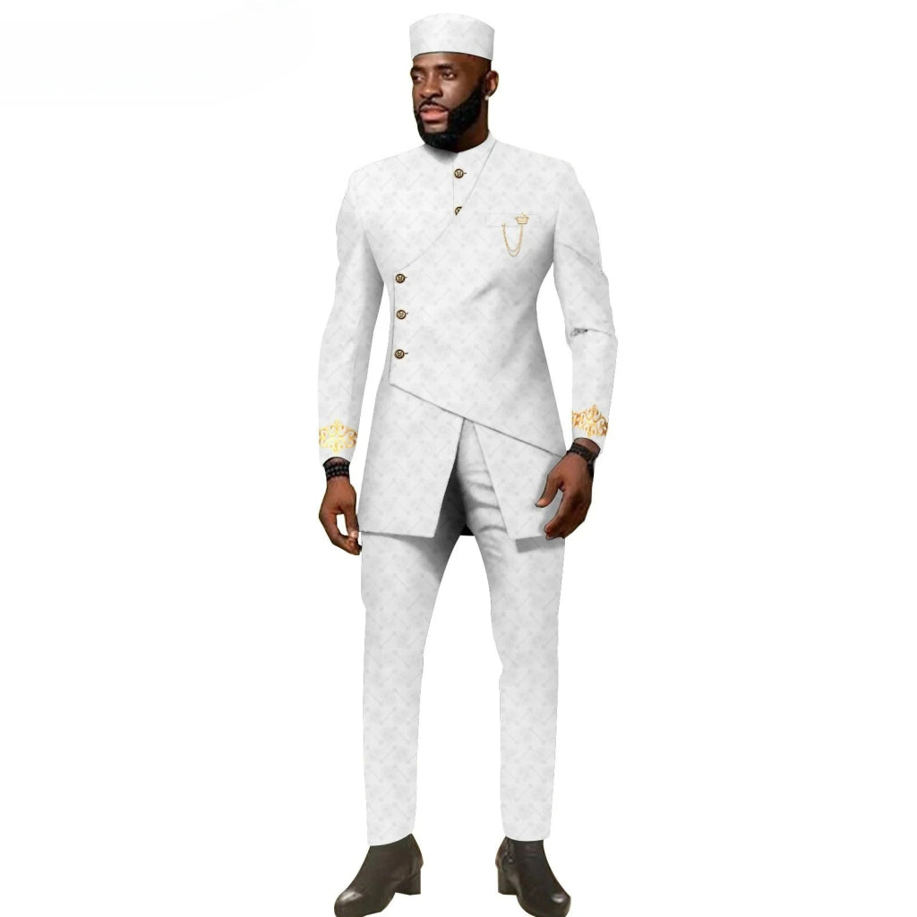African Ethnic New Men's Casual Suit - Refined and Fitted Style - Party Dress - Fashionable Men's Clothing (Top + Pants + Hat) - Free Delivery Worldwide only at Flexi Africa