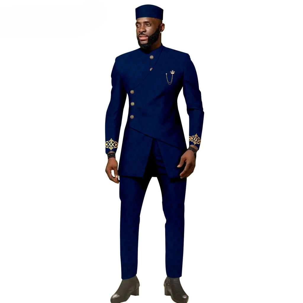 African Ethnic New Men's Casual Suit - Refined and Fitted Style - Party Dress - Fashionable Men's Clothing (Top + Pants + Hat) - Free Delivery Worldwide only at Flexi Africa